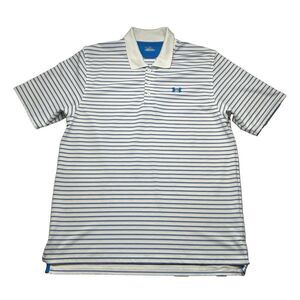 Under Armour Shirt Men's Large White Blue Striped Short Sleeve Heatgear Loose